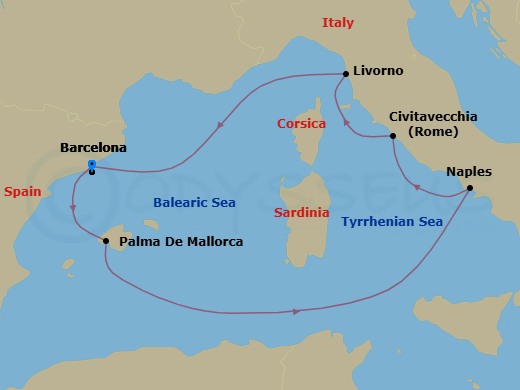 Route map: Barcelona → Palma → Naples → Civitavecchia → Livorno → Barcelona
