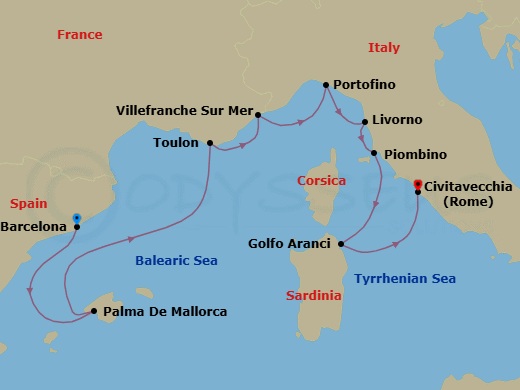 Route map: Barcelona → Palma De Mallorca → Toulon → Villefranche → Portofino → Tuscany (Livorno) → Piombino → Golfo Aranci(Sardinia) → Rome (Civitavecchia)