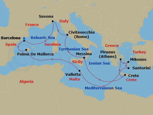 Route map: Barcelona → PALMA DE MALLORCA → MALTA LA VALLETTA → Thira (Santorini) → Mykonos → Piraeus (Athens) → Souda Bay (Crete) → Messina (Taormina) → Civitavecchia (Rome) → Savona