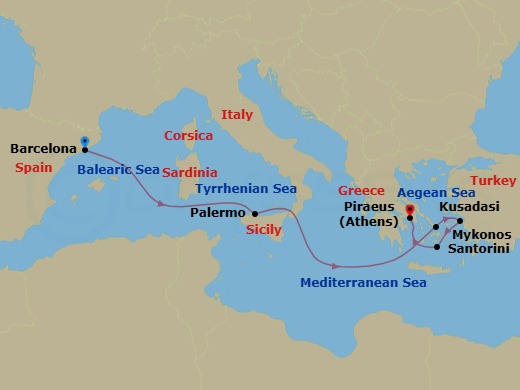 Route map: Barcelona, Spain → Sicily (Palermo),Italy → Mykonos, Greece → Ephesus (Kusadasi), Turkey → Santorini, Greece → Athens (Piraeus), Greece