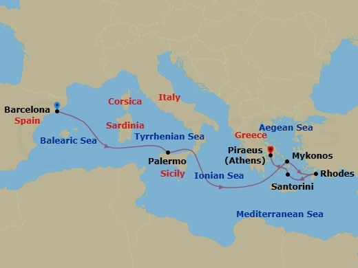 Route map: Barcelona, Spain → Sicily (Palermo),Italy → Mykonos, Greece → Rhodes, Greece → Santorini, Greece → Athens (Piraeus), Greece