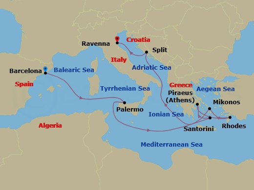 Route map: Barcelona, Spain → Sicily (Palermo),Italy → Santorini, Greece → Athens (Piraeus), Greece → Rhodes, Greece → Mykonos, Greece → Split, Croatia → Ravenna, Italy