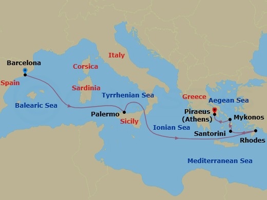 Route map: Barcelona, Spain → Sicily (Palermo),Italy → Rhodes, Greece → Santorini, Greece → Mykonos, Greece → Athens (Piraeus), Greece