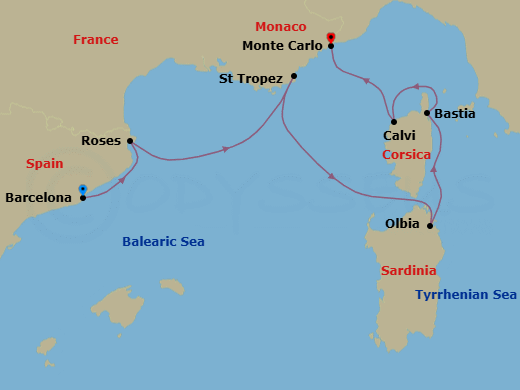 Route map: Barcelona, Spain → Rosas (Roses), Spain → St Tropez, France → Olbia, Sardinia, Italy → Bastia, Corsica, France → Calvi, Corsica, France → Monte Carlo, Monaco