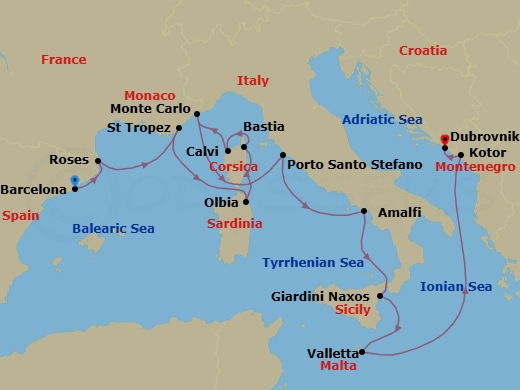 Route map: Barcelona, Spain → Rosas (Roses), Spain → St Tropez, France → Olbia, Sardinia, Italy → Bastia, Corsica, France → Calvi, Corsica, France → Monte Carlo, Monaco → Porto Santo Stefano, Italy → Amalfi, Italy → Giardini Naxos (Taormina), Italy