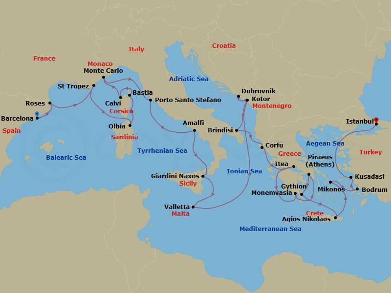 Route map: Barcelona, Spain → Rosas (Roses), Spain → St Tropez, France → Olbia, Sardinia, Italy → Bastia, Corsica, France → Calvi, Corsica, France → Monte Carlo, Monaco → Porto Santo Stefano, Italy → Amalfi, Italy → Giardini Naxos (Taormina), Italy