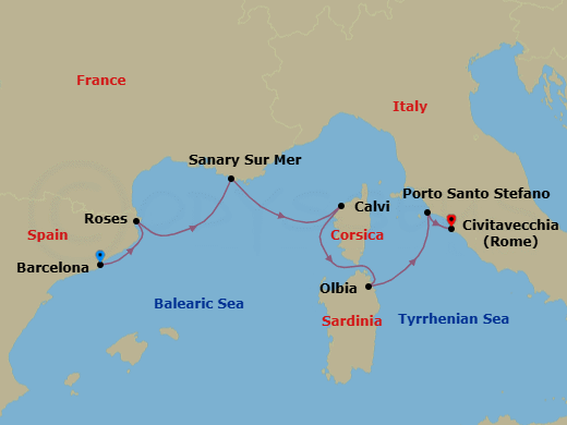 Route map: Barcelona, Spain → Rosas (Roses), Spain → Sanary-sur-Mer, France → Calvi, Corsica, France → Olbia, Sardinia, Italy → Porto Santo Stefano, Italy → Civitavecchia (Rome), Italy