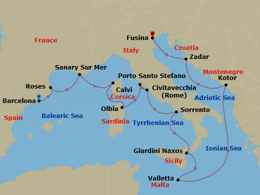Route map: Barcelona, Spain → Rosas (Roses), Spain → Sanary-sur-Mer, France → Calvi, Corsica, France → Olbia, Sardinia, Italy → Porto Santo Stefano, Italy → Civitavecchia (Rome), Italy → Sorrento, Italy → Giardini Naxos (Taormina), Italy → Valletta, Malta