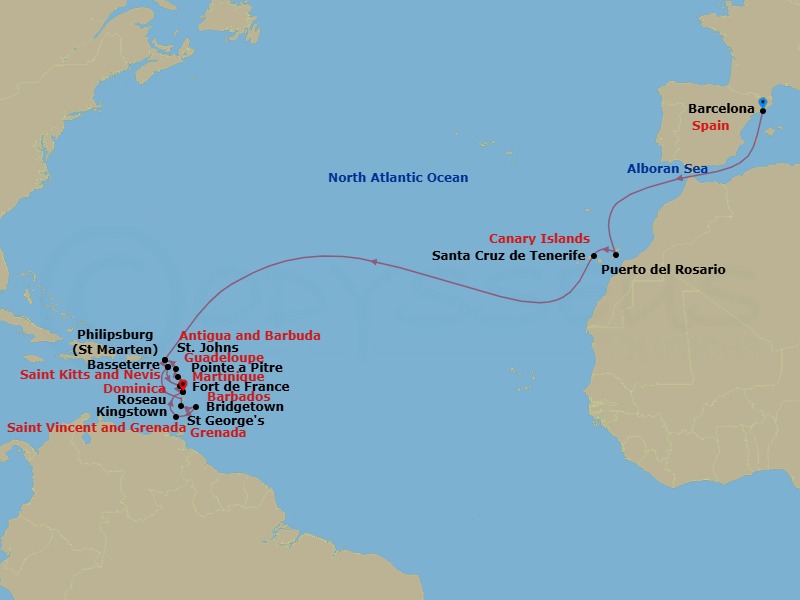 Route map: Barcelona → Puerto del Rosario → Santa Cruz de Tenerife → St Maarten (Philipsburg) → Basseterre → Kingstown St Vincent & The Grenadines → Bridgetown → St George's → Fort de France → Pointe a Pitre