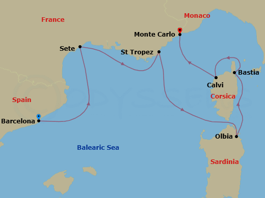 Route map: Barcelona, Spain → Sete, France → St Tropez, France → Olbia, Sardinia, Italy → Bastia, Corsica, France → Calvi, Corsica, France → Monte Carlo, Monaco