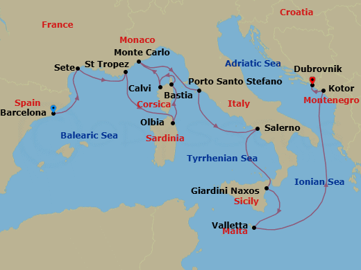 Route map: Barcelona, Spain → Sete, France → St Tropez, France → Olbia, Sardinia, Italy → Bastia, Corsica, France → Calvi, Corsica, France → Monte Carlo, Monaco → Porto Santo Stefano, Italy → Salerno, Italy → Giardini Naxos (Taormina), Italy