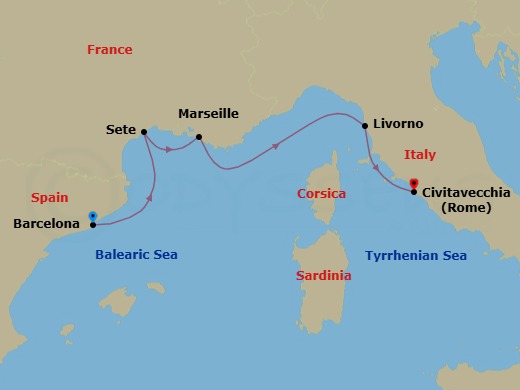 Route map: Barcelona → Sete → Marseille → Florence/Pisa (Livorno) → Rome (Civitavecchia)