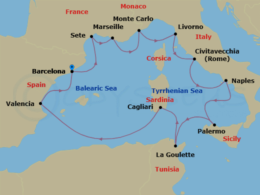Route map: Barcelona → Sete → Marseille → Monte Carlo → Florence/Pisa (Livorno) → Rome (Civitavecchia) → Naples → Palermo Sicily → Tunis (La Goulette) → Sardinia (Cagliari)