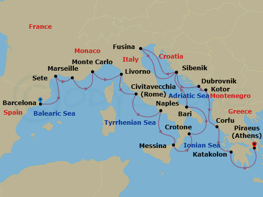 Route map: Barcelona → Sete → Marseille → Monte Carlo → Florence/Pisa (Livorno) → Rome (Civitavecchia) → Naples → Sicily (Messina) → Crotone → Bari