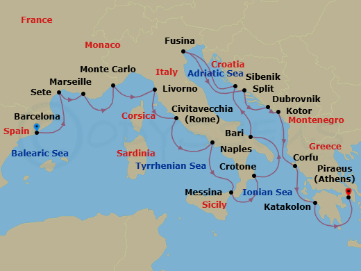 Route map: Barcelona → Sete → Marseille → Monte Carlo → Florence/Pisa (Livorno) → Rome (Civitavecchia) → Naples → Sicily (Messina) → Crotone → Bari