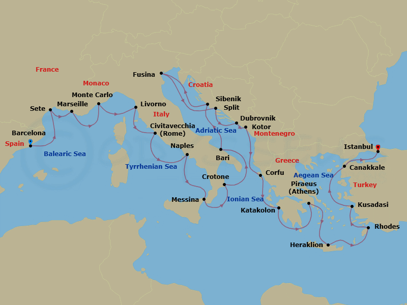 Route map: Barcelona → Sete → Marseille → Monte Carlo → Florence/Pisa (Livorno) → Rome (Civitavecchia) → Naples → Sicily (Messina) → Crotone → Bari