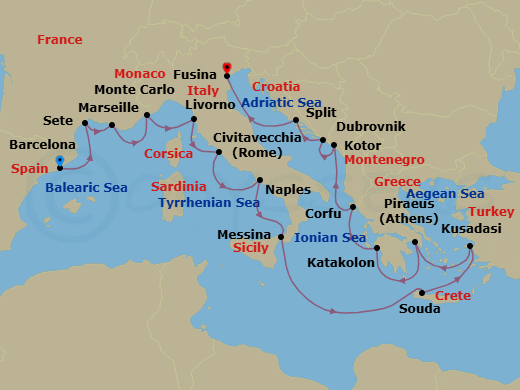 Route map: Barcelona → Sete → Marseille → Monte Carlo → Florence/Pisa (Livorno) → Rome (Civitavecchia) → Naples → Sicily (Messina) → Crete (Souda Bay) → Ephesus (Kusadasi)