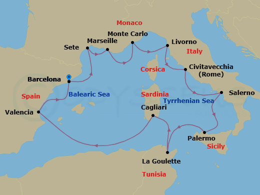 Route map: Barcelona → Sete → Marseille → Monte Carlo → Florence/Pisa (Livorno) → Rome (Civitavecchia) → Salerno → Palermo Sicily → Tunis (La Goulette) → Sardinia (Cagliari)