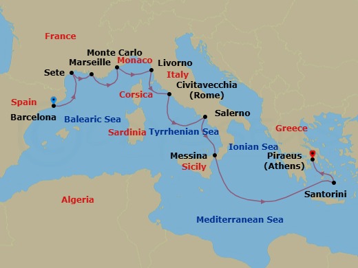 Route map: Barcelona → Sete → Provence (Marseille) → Monte Carlo → Florence/Pisa/Tuscany (Livorno) → Rome (Civitavecchia) → Salerno → Messina (Sicily) → Santorini → Athens (Piraeus)