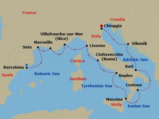 Route map: Barcelona → Sete → Marseille → Villefranche-Sur-Mer → Florence/Pisa (Livorno) → Rome (Civitavecchia) → Naples → Sicily (Messina) → Crotone → Bari
