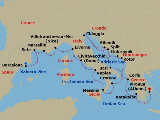 Route map: Barcelona → Sete → Marseille → Villefranche-Sur-Mer → Florence/Pisa (Livorno) → Rome (Civitavecchia) → Naples → Sicily (Messina) → Crotone → Bari