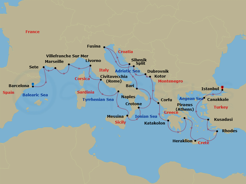 Route map: Barcelona → Sete → Marseille → Villefranche-Sur-Mer → Florence/Pisa (Livorno) → Rome (Civitavecchia) → Naples → Sicily (Messina) → Crotone → Bari
