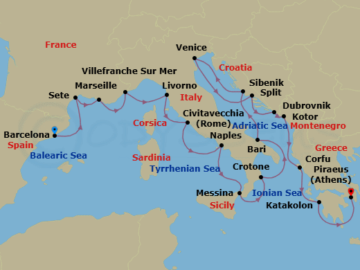 Route map: Barcelona → Sete → Marseille → Villefranche-Sur-Mer → Florence/Pisa (Livorno) → Rome (Civitavecchia) → Naples → Sicily (Messina) → Crotone → Bari