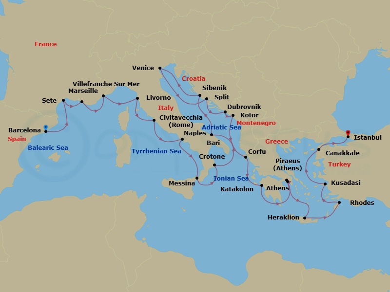 Route map: Barcelona → Sete → Marseille → Villefranche-Sur-Mer → Florence/Pisa (Livorno) → Rome (Civitavecchia) → Naples → Sicily (Messina) → Crotone → Bari