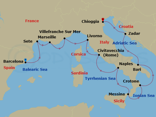 Route map: Barcelona → Sete → Marseille → Villefranche-Sur-Mer → Florence/Pisa (Livorno) → Rome (Civitavecchia) → Naples → Sicily (Messina) → Crotone → Bari