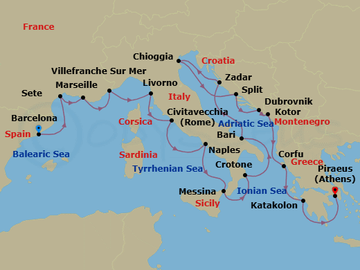 Route map: Barcelona → Sete → Marseille → Villefranche-Sur-Mer → Florence/Pisa (Livorno) → Rome (Civitavecchia) → Naples → Sicily (Messina) → Crotone → Bari