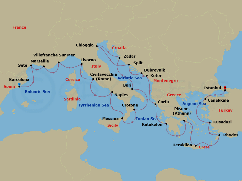 Route map: Barcelona → Sete → Marseille → Villefranche-Sur-Mer → Florence/Pisa (Livorno) → Rome (Civitavecchia) → Naples → Sicily (Messina) → Crotone → Bari
