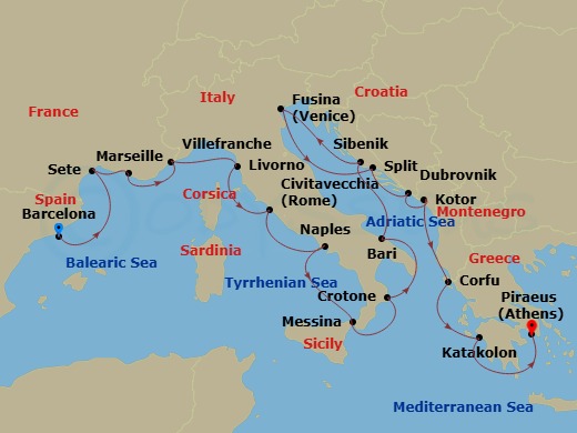Route map: Barcelona → Sete → Marseille → Villefranche-Sur-Mer → Florence/Pisa (Livorno) → Rome (Civitavecchia) → Naples → Sicily (Messina) → Crotone → Bari