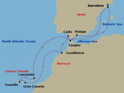 Route map: Barcelona → Tangier (Tetouan) Morocco → Lanzarote → Tenerife → Gran Canaria → Casablanca → Cadiz → Malaga → Barcelona