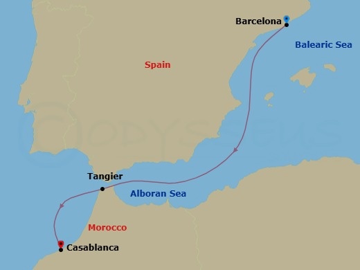 Route map: Barcelona → Tangier → Casablanca