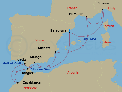 Route map: Barcelona → Tangier → Casablanca → Cadiz → Malaga → Alicante → Marseille → Savona → Barcelona