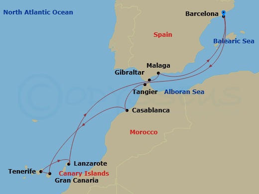 Route map: Barcelona, Spain → Tangier, Morocco → Casablanca, Morocco → Gran Canaria, Canary Islands → Tenerife, Canary Islands → Lanzarote, Canary Islands → Gibraltar, United Kingdom → Malaga, Spain → Barcelona, Spain