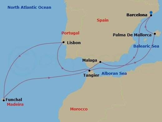 Route map: Barcelona, Spain → Tangier, Morocco → Lisbon, Portugal → Madeira (Funchal), Portugal → Malaga, Spain → Palma De Mallorca, Spain → Barcelona, Spain