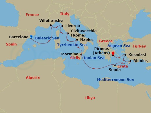 Route map: Barcelona, Spain → Villefranche-sur-Mer (Nice), France → Livorno (Florence/Pisa), Italy → Civitavecchia (Rome), Italy → Naples (Pompeii/Amalfi), Italy → Taormina, Italy → Souda (Chania), Greece → Rhodes, Greece → Kusadasi (Ephesus), Turkey → Piraeus (Athens), Greece
