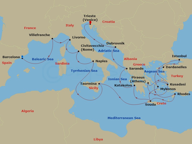 Route map: Barcelona, Spain → Villefranche-sur-Mer (Nice), France → Livorno (Florence/Pisa), Italy → Civitavecchia (Rome), Italy → Naples (Pompeii/Amalfi), Italy → Taormina, Italy → Souda (Chania), Greece → Rhodes, Greece → Kusadasi (Ephesus), Turkey → Piraeus (Athens), Greece