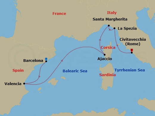 Route map: Barcelona, Spain → Valencia, Spain → Ajaccio, Corsica, France → Santa Margherita Ligure,      Genoa, Italy → La Spezia (tours to Florence or Pisa), Italy → Civitavecchia (tours to Rome),Italy