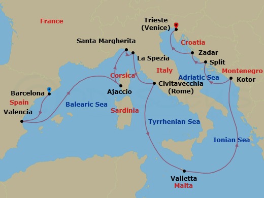 Route map: Barcelona, Spain → Valencia, Spain → Ajaccio, Corsica, France → Santa Margherita Ligure,      Genoa, Italy → La Spezia (tours to Florence or Pisa), Italy → Civitavecchia (tours to Rome),Italy → Valletta, Malta → Kotor, Montenegro → Split, Croatia → Zadar, Croatia