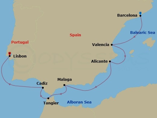 Route map: Barcelona, Spain → Valencia, Spain → Alicante, Spain → Malaga, Spain → Tangier, Morocco → Cadiz (Seville), Spain → Lisbon, Portugal