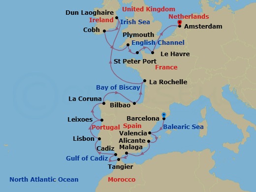 Route map: Barcelona, Spain → Valencia, Spain → Alicante, Spain → Malaga, Spain → Tangier, Morocco → Cadiz (Seville), Spain → Lisbon, Portugal → Leixoes (Porto), Portugal → A Coruna, Spain → Bilbao, Spain