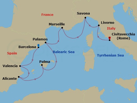 Route map: Barcelona → Valencia → Alicante → Palma De Mallorca → Palamos → Provence (Marseille) → Savona → Florence/Pisa/Tuscany (Livorno) → Rome (Civitavecchia)