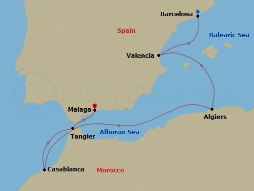 Route map: Barcelona → Valencia → Malaga → Casablanca → Tangier (Tetouan) Morocco → Malaga