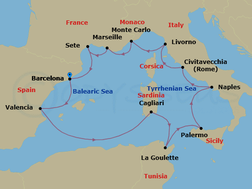 Route map: Barcelona → Valencia → Sardinia (Cagliari) → Tunis (La Goulette) → Palermo Sicily → Naples → Rome (Civitavecchia) → Florence/Pisa (Livorno) → Monte Carlo → Marseille