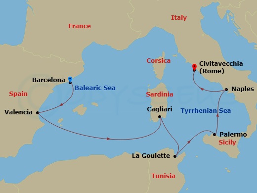 Route map: Barcelona → Valencia → Sardinia (Cagliari) → Tunis (La Goulette) → Palermo Sicily → Naples → Rome (Civitavecchia)
