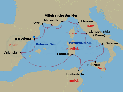 Route map: Barcelona → Valencia → Sardinia (Cagliari) → Tunis (La Goulette) → Palermo Sicily → Salerno → Rome (Civitavecchia) → Florence/Pisa (Livorno) → Villefranche-Sur-Mer → Marseille