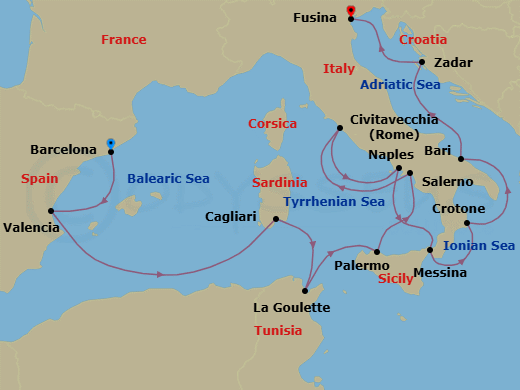 Route map: Barcelona → Valencia → Sardinia (Cagliari) → Tunis (La Goulette) → Palermo Sicily → Salerno → Rome (Civitavecchia) → Naples → Sicily (Messina) → Crotone