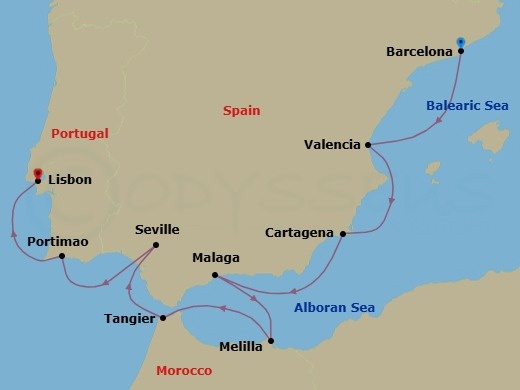 Route map: Barcelona → Valencia → Cartagena → Malaga → Melilla → Tangier → Seville → Portimao → Lisbon